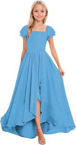 Short Sleeve Junior Bridesmaid Dresses Long Chiffon A Line Flower Girl Dress for Wedding
