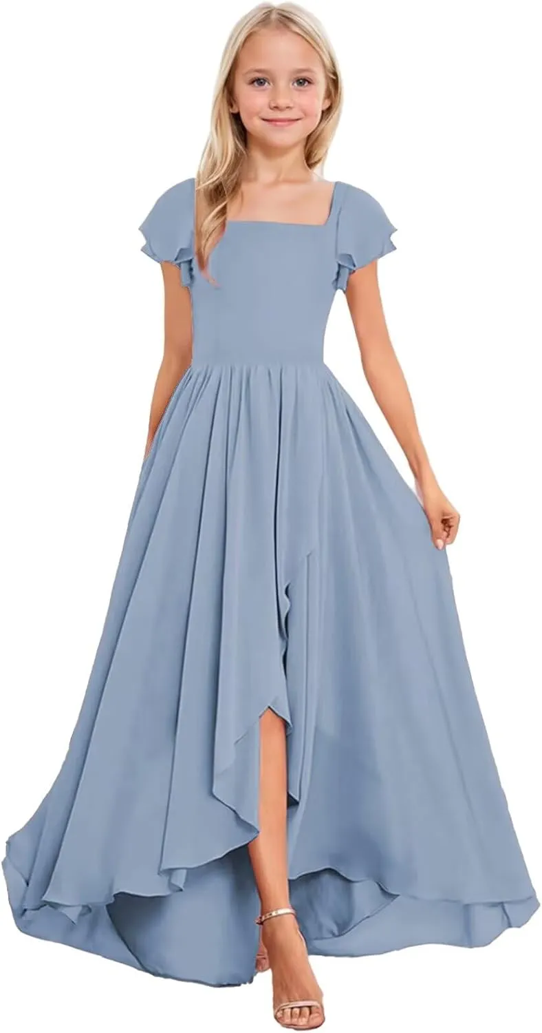 Short Sleeve Junior Bridesmaid Dresses Long Chiffon A Line Flower Girl Dress for Wedding