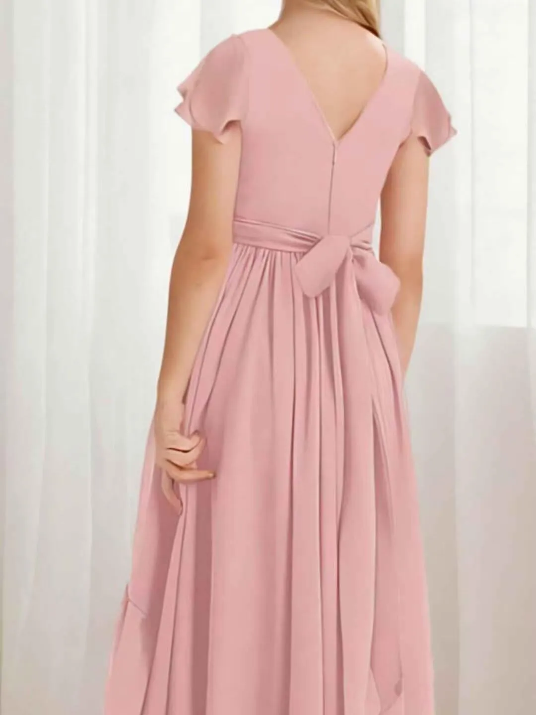 Short Sleeve Junior Bridesmaid Dresses Long Chiffon A Line Flower Girl Dress for Wedding