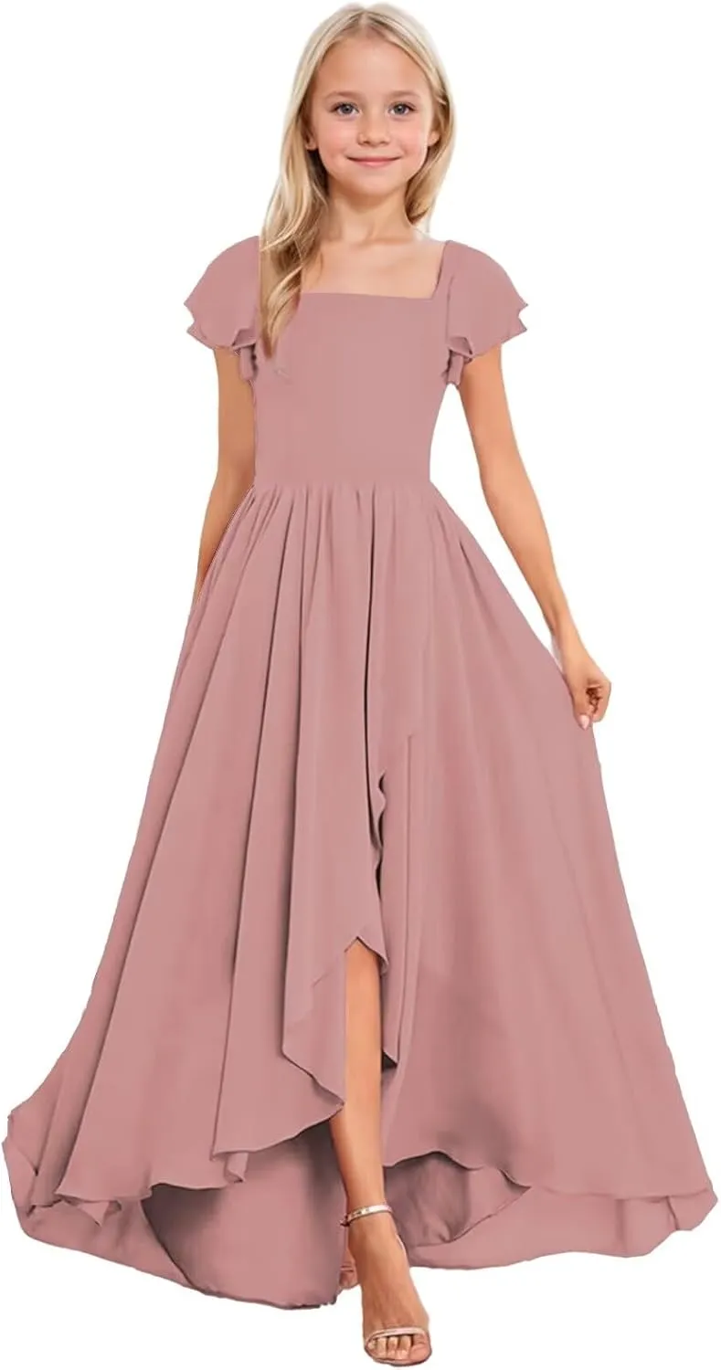 Short Sleeve Junior Bridesmaid Dresses Long Chiffon A Line Flower Girl Dress for Wedding