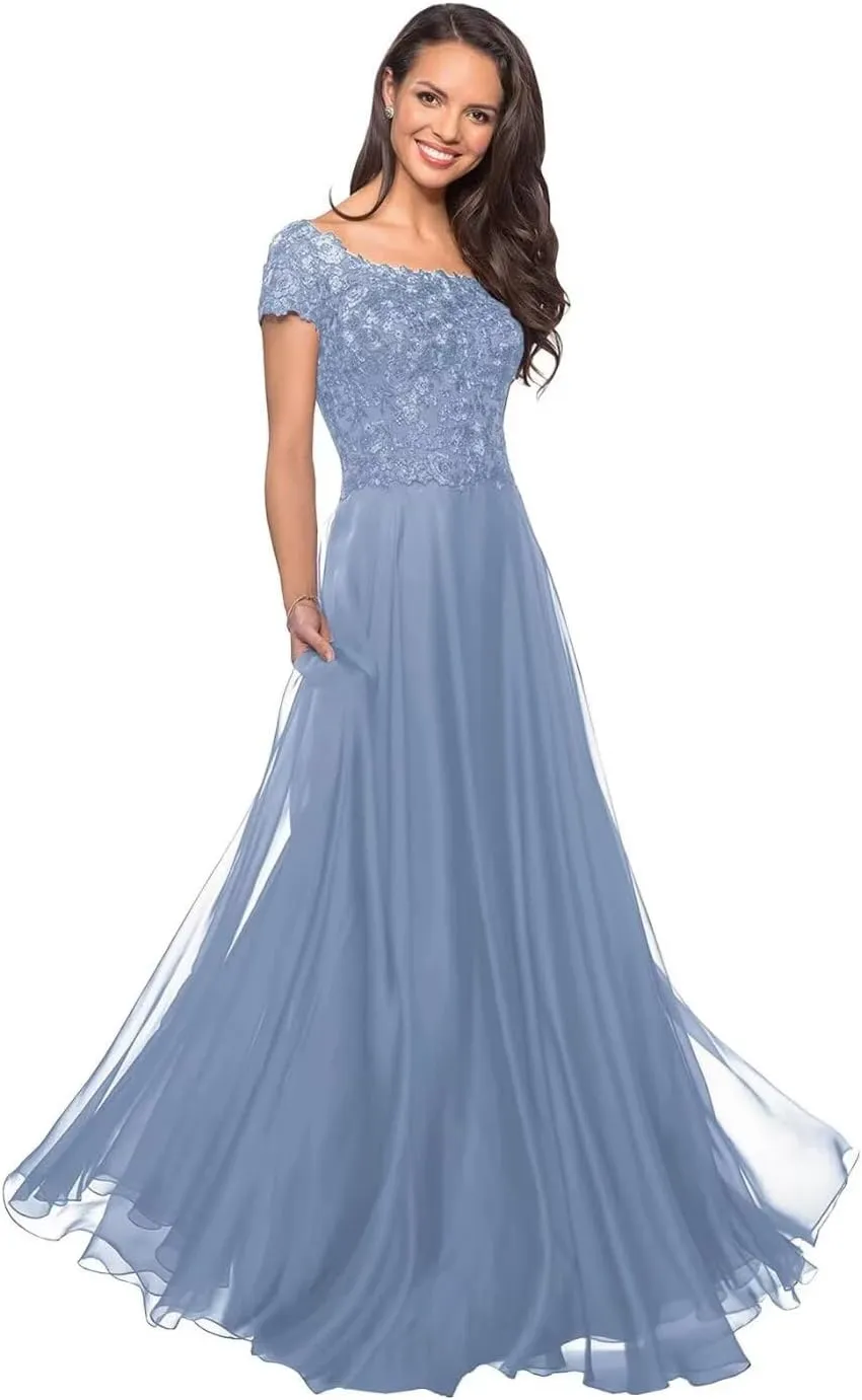 Short Sleeves Mother of The Bride Dresses for Wedding Guests Laces Appliques Chiffon Formal Evening Party Gowns