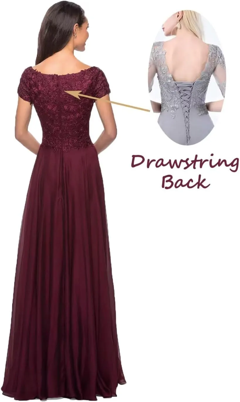 Short Sleeves Mother of The Bride Dresses for Wedding Guests Laces Appliques Chiffon Formal Evening Party Gowns