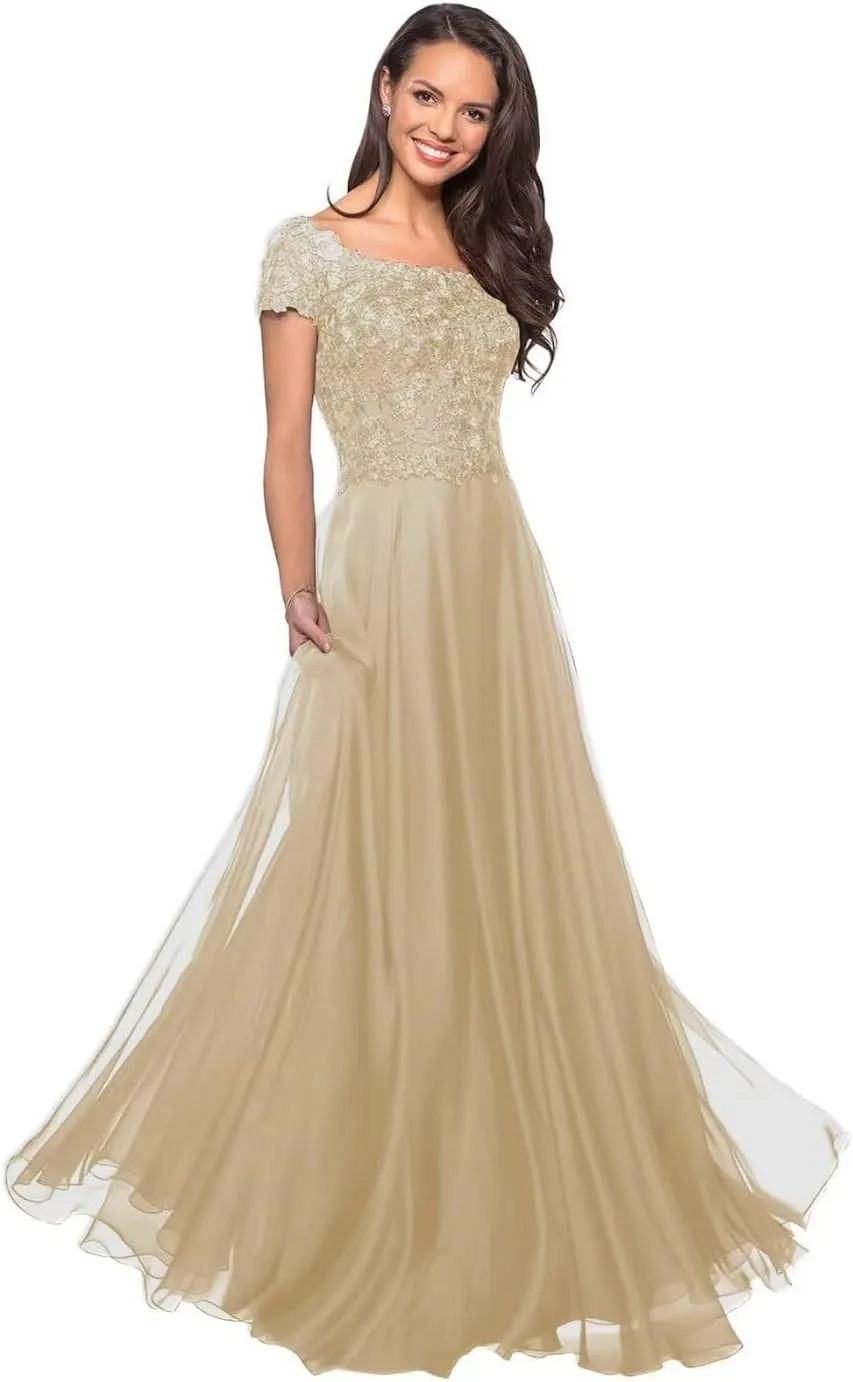Short Sleeves Mother of The Bride Dresses for Wedding Guests Laces Appliques Chiffon Formal Evening Party Gowns