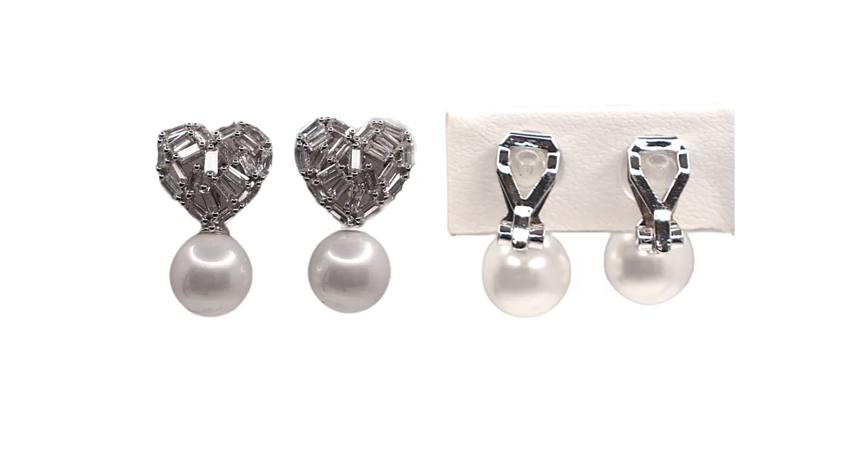 Silver CZ Pearl Heart Shaped Women Clip On Earrings