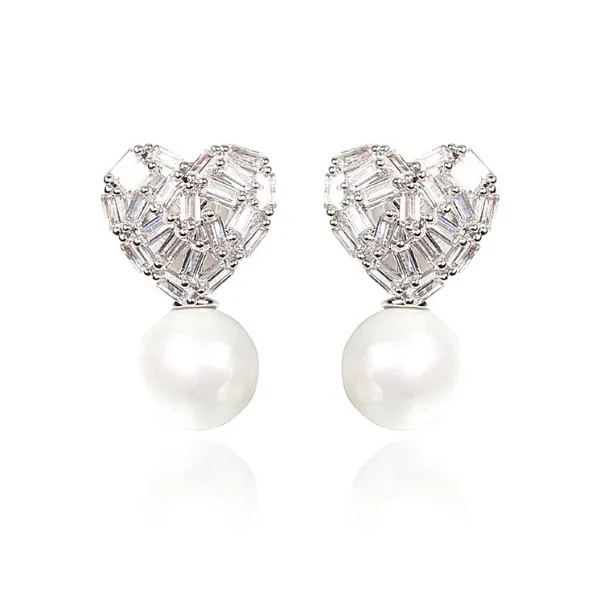 Silver CZ Pearl Heart Shaped Women Clip On Earrings