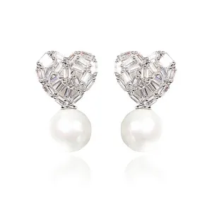 Silver CZ Pearl Heart Shaped Women Clip On Earrings