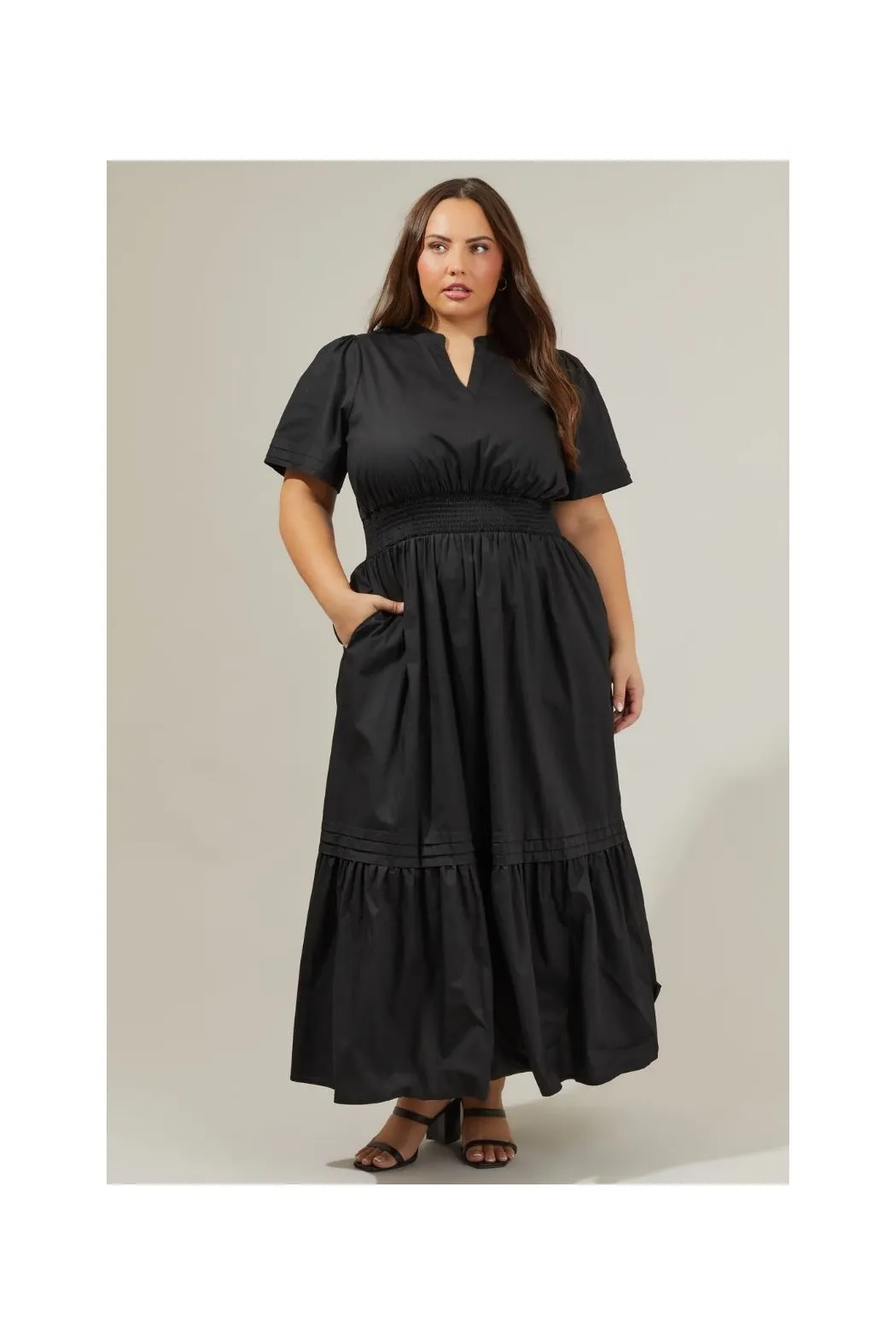 Solid Tiered Cotton Maxi Dress in Black