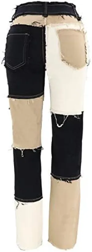 Spliced High Waist Long Denim Pants Women's Jeans Vintage Denim Mopping Trousers Female