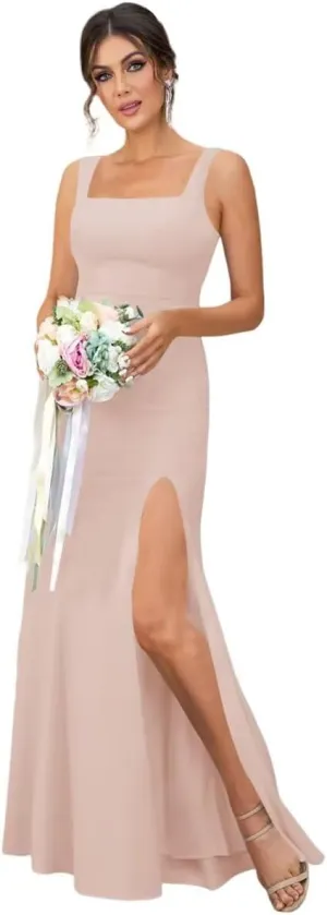 Square Neck Long Bridesmaid Dresses with Slit Straps Mermaid Chiffon Evening Dress for Women Formal Gown WO041