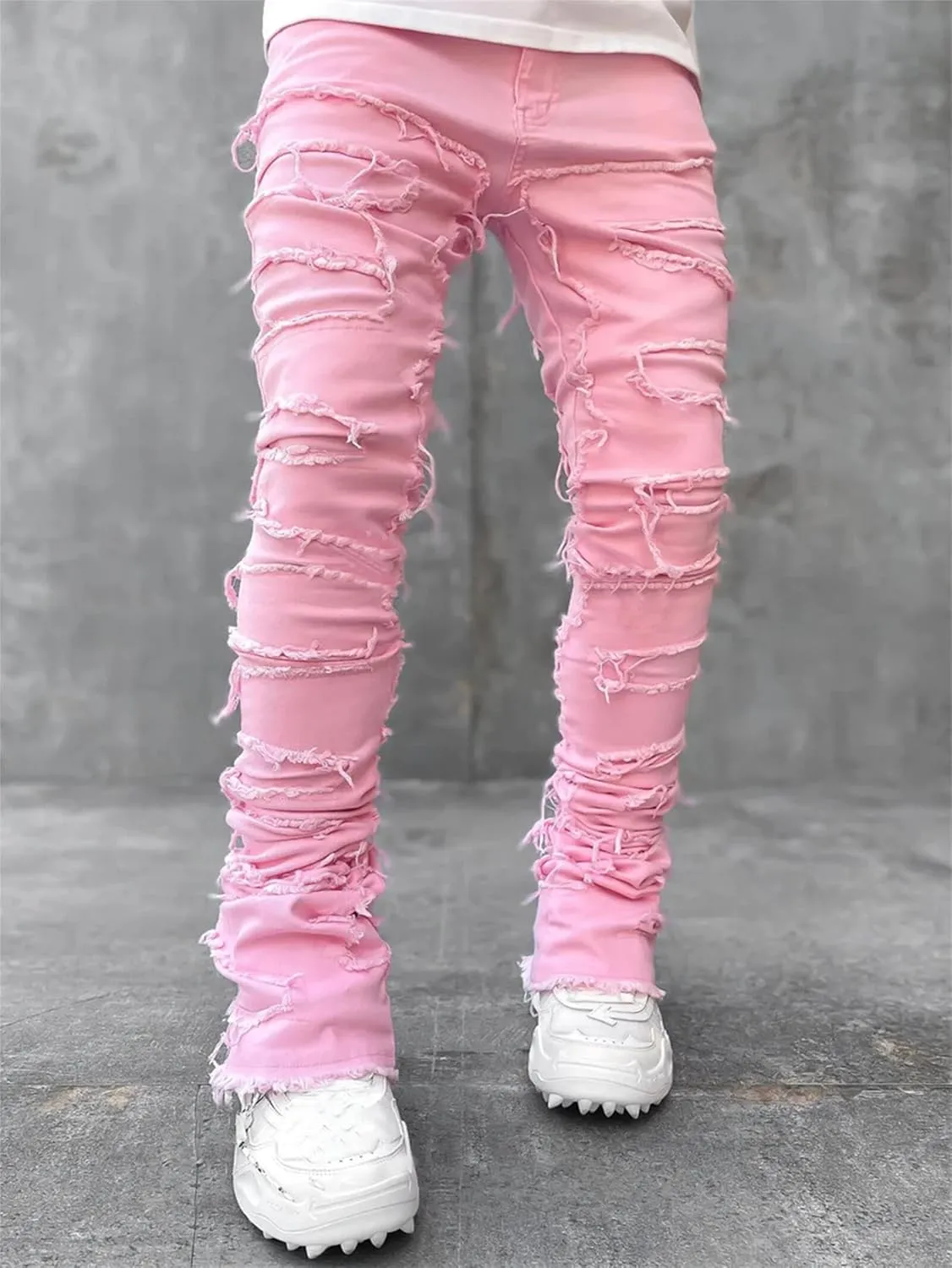 Stacked Jeans Men Straight Slim Fit Denim Pants Hip Hop Distressed Destroyed Denim Stretch Skinny Denim Pencil Pants