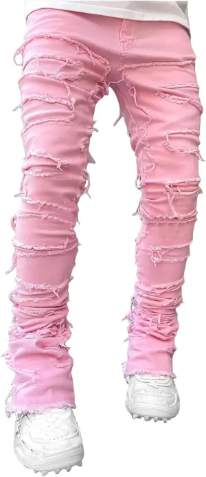 Stacked Jeans Men Straight Slim Fit Denim Pants Hip Hop Distressed Destroyed Denim Stretch Skinny Denim Pencil Pants