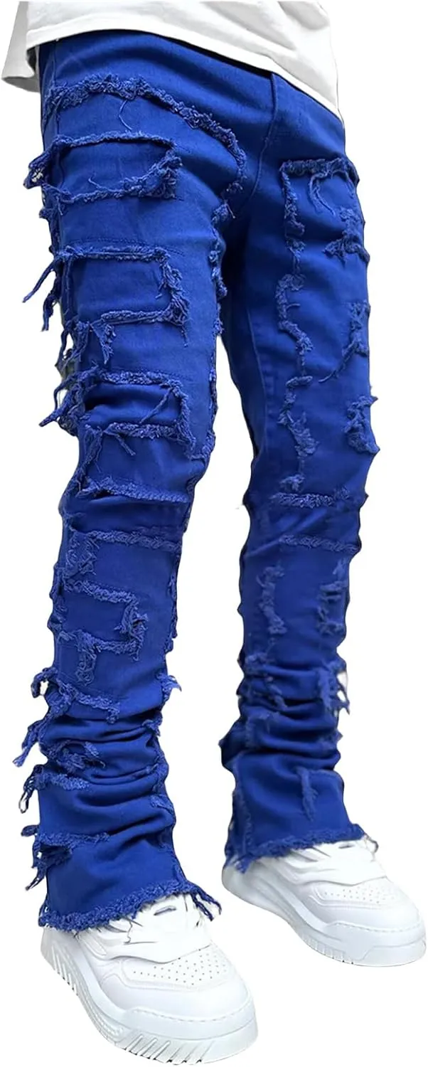 Stacked Jeans Men Straight Slim Fit Denim Pants Hip Hop Distressed Destroyed Denim Stretch Skinny Denim Pencil Pants