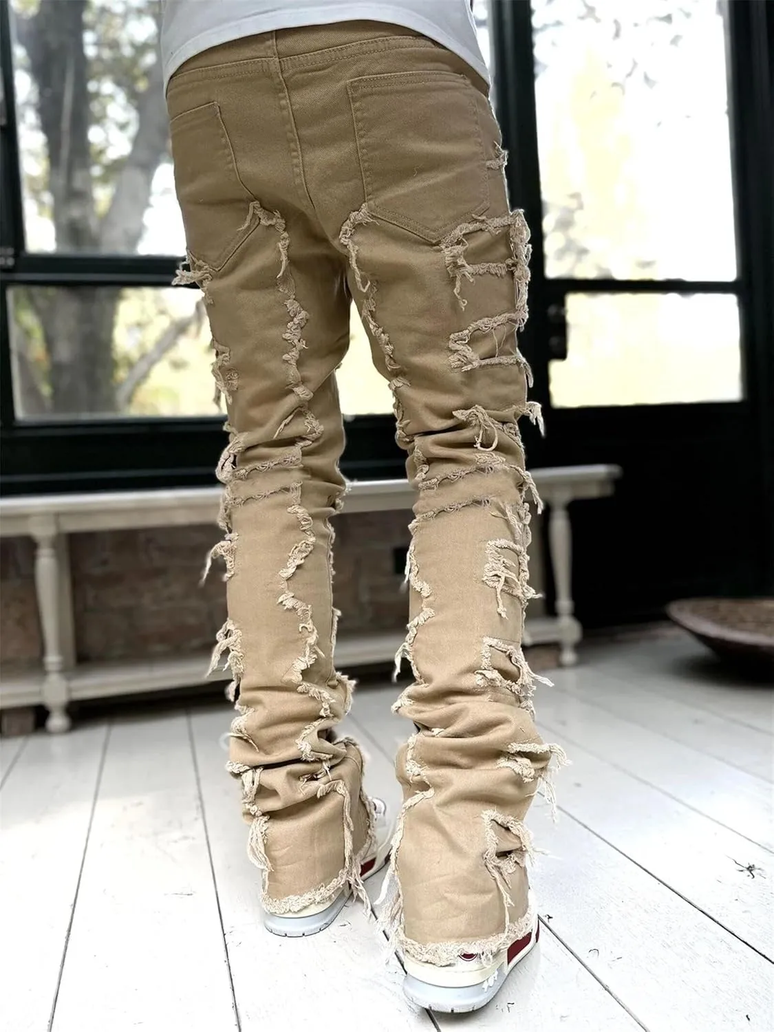 Stacked Jeans Men Straight Slim Fit Denim Pants Hip Hop Distressed Destroyed Denim Stretch Skinny Denim Pencil Pants