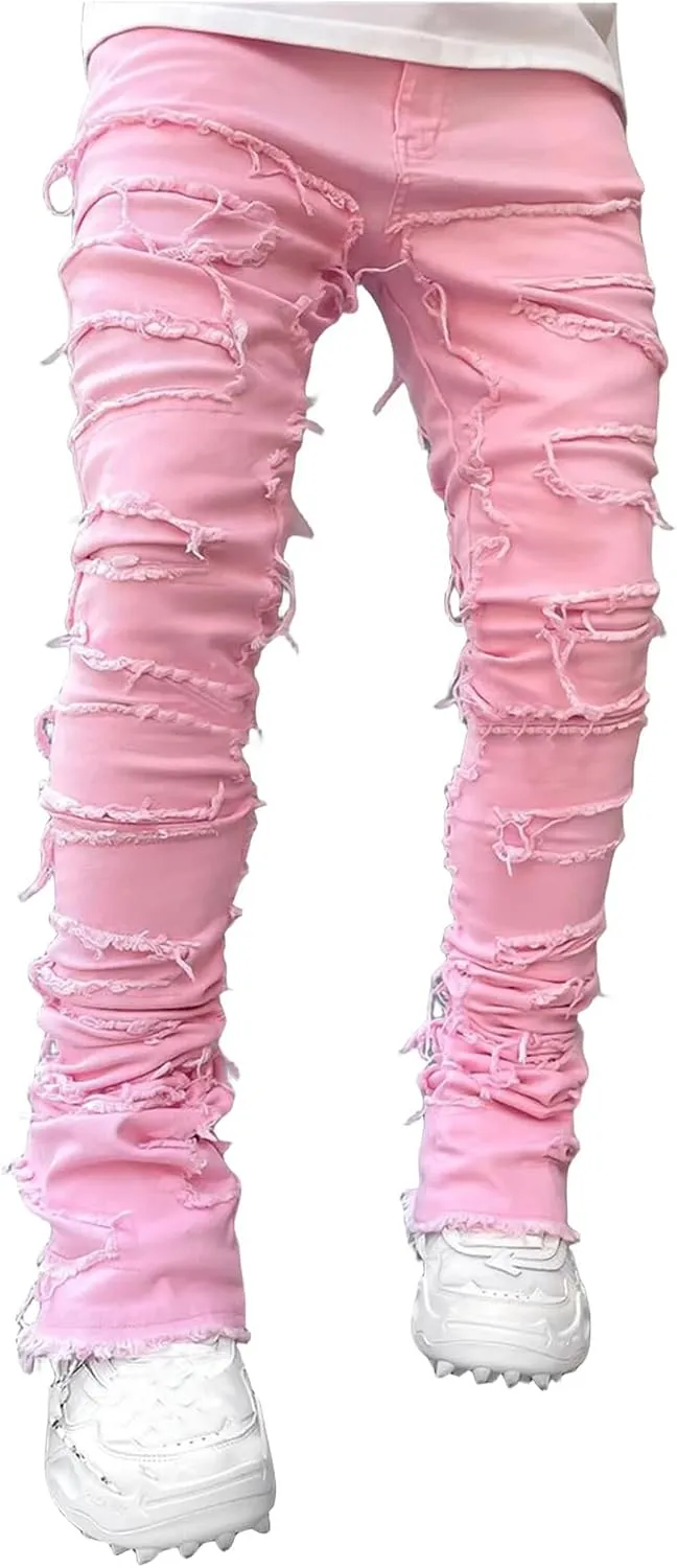 Stacked Jeans Men Straight Slim Fit Denim Pants Hip Hop Distressed Destroyed Denim Stretch Skinny Denim Pencil Pants