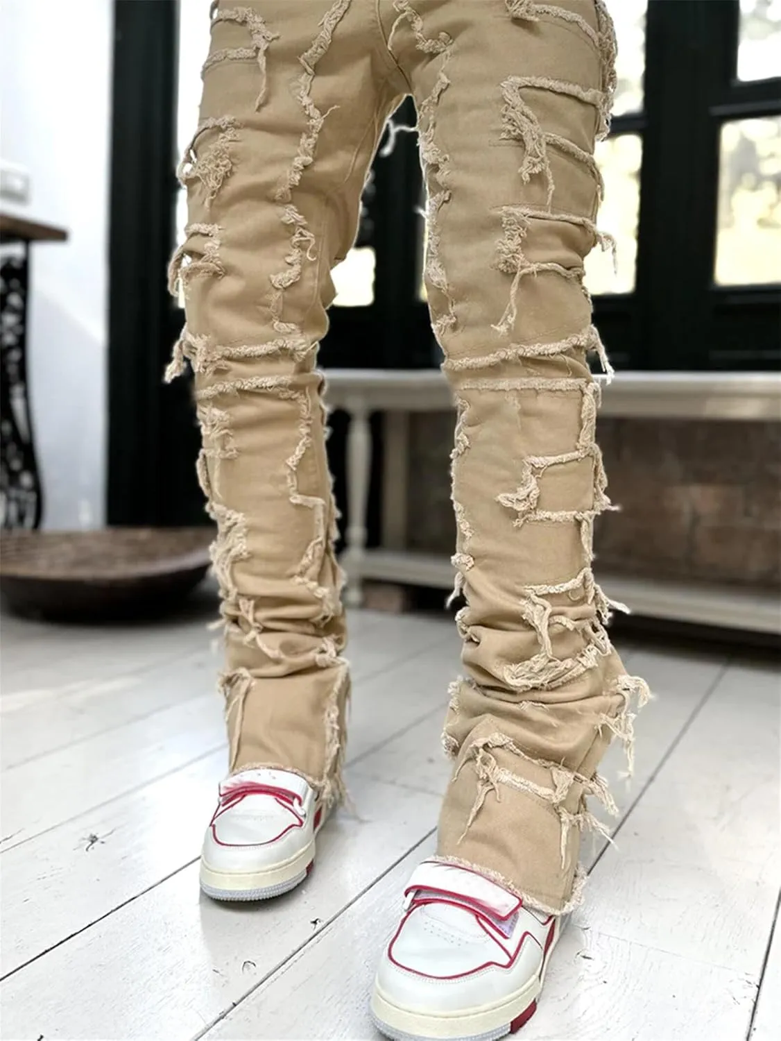 Stacked Jeans Men Straight Slim Fit Denim Pants Hip Hop Distressed Destroyed Denim Stretch Skinny Denim Pencil Pants