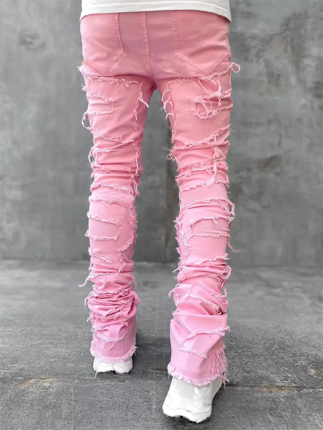 Stacked Jeans Men Straight Slim Fit Denim Pants Hip Hop Distressed Destroyed Denim Stretch Skinny Denim Pencil Pants
