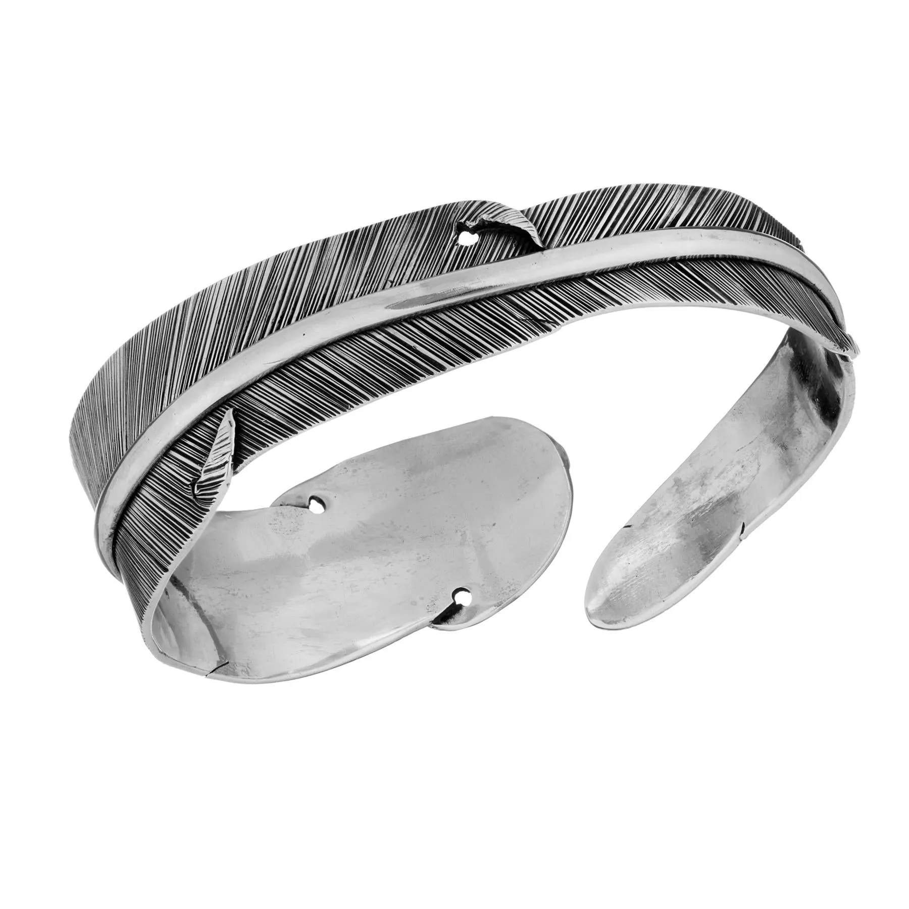 Sterling Silver Oxidised Wide Detailed Feather Adjustable Cuff Bangle