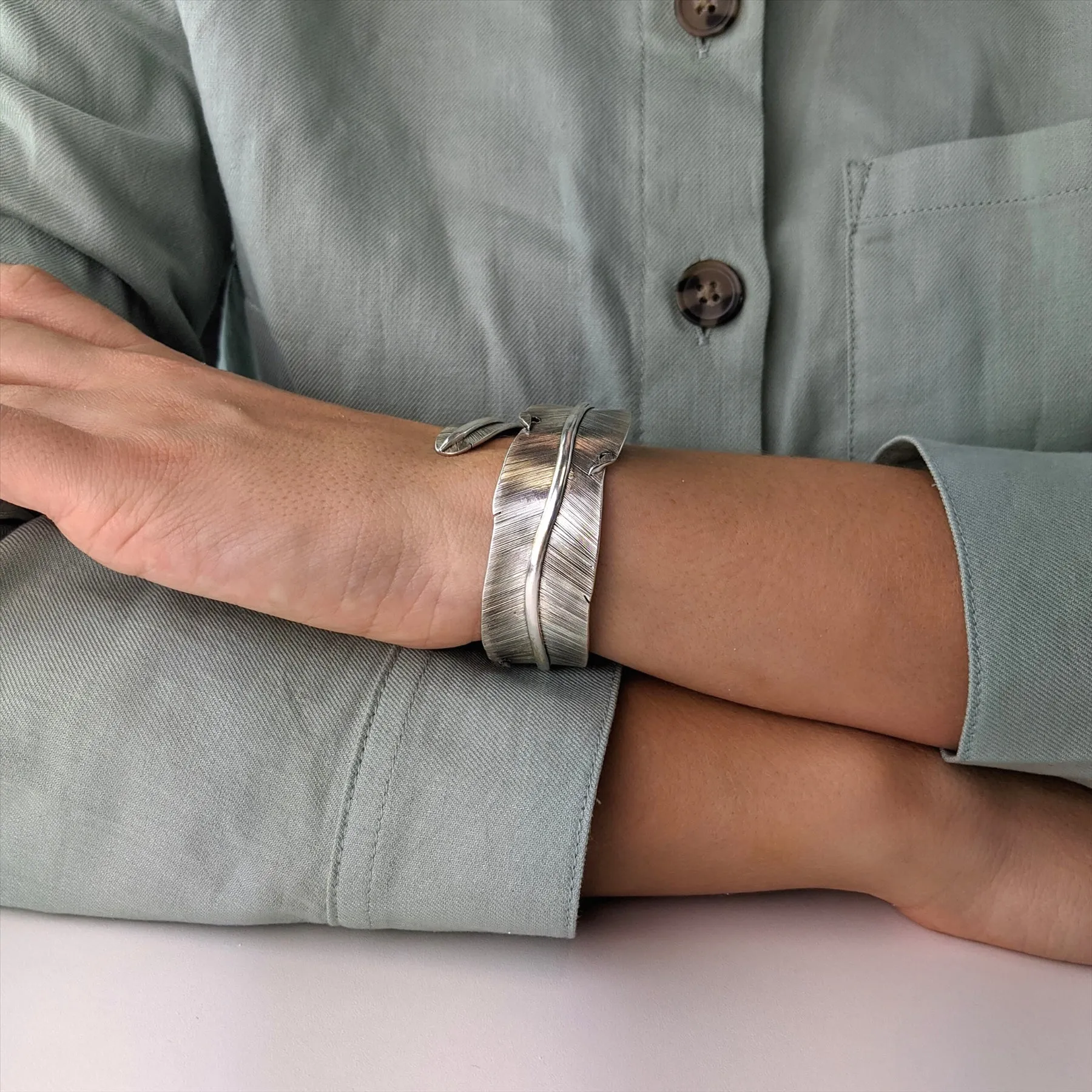 Sterling Silver Oxidised Wide Detailed Feather Adjustable Cuff Bangle