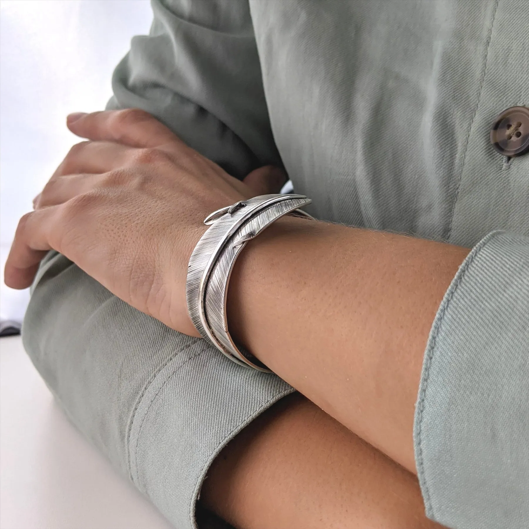 Sterling Silver Oxidised Wide Detailed Feather Adjustable Cuff Bangle