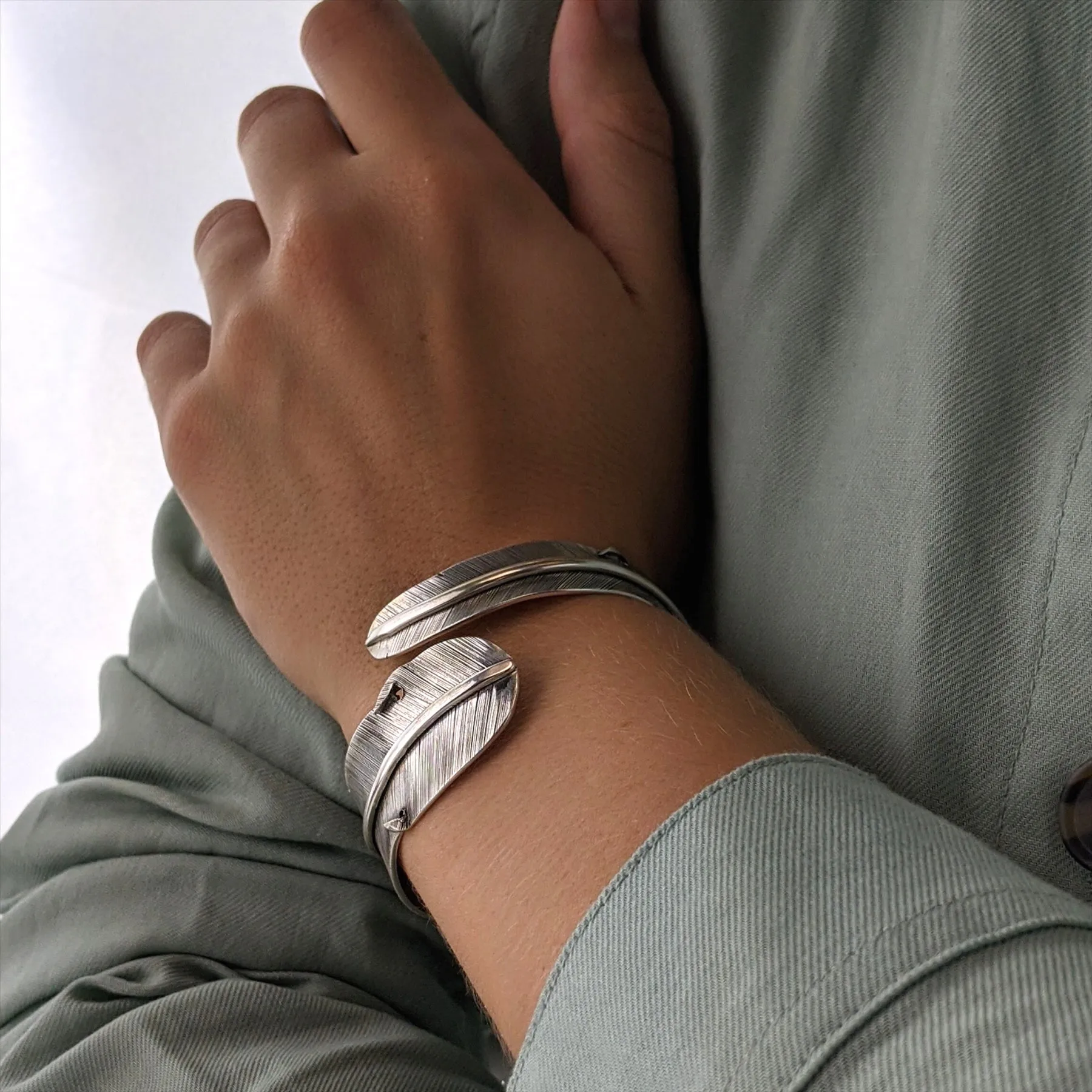 Sterling Silver Oxidised Wide Detailed Feather Adjustable Cuff Bangle