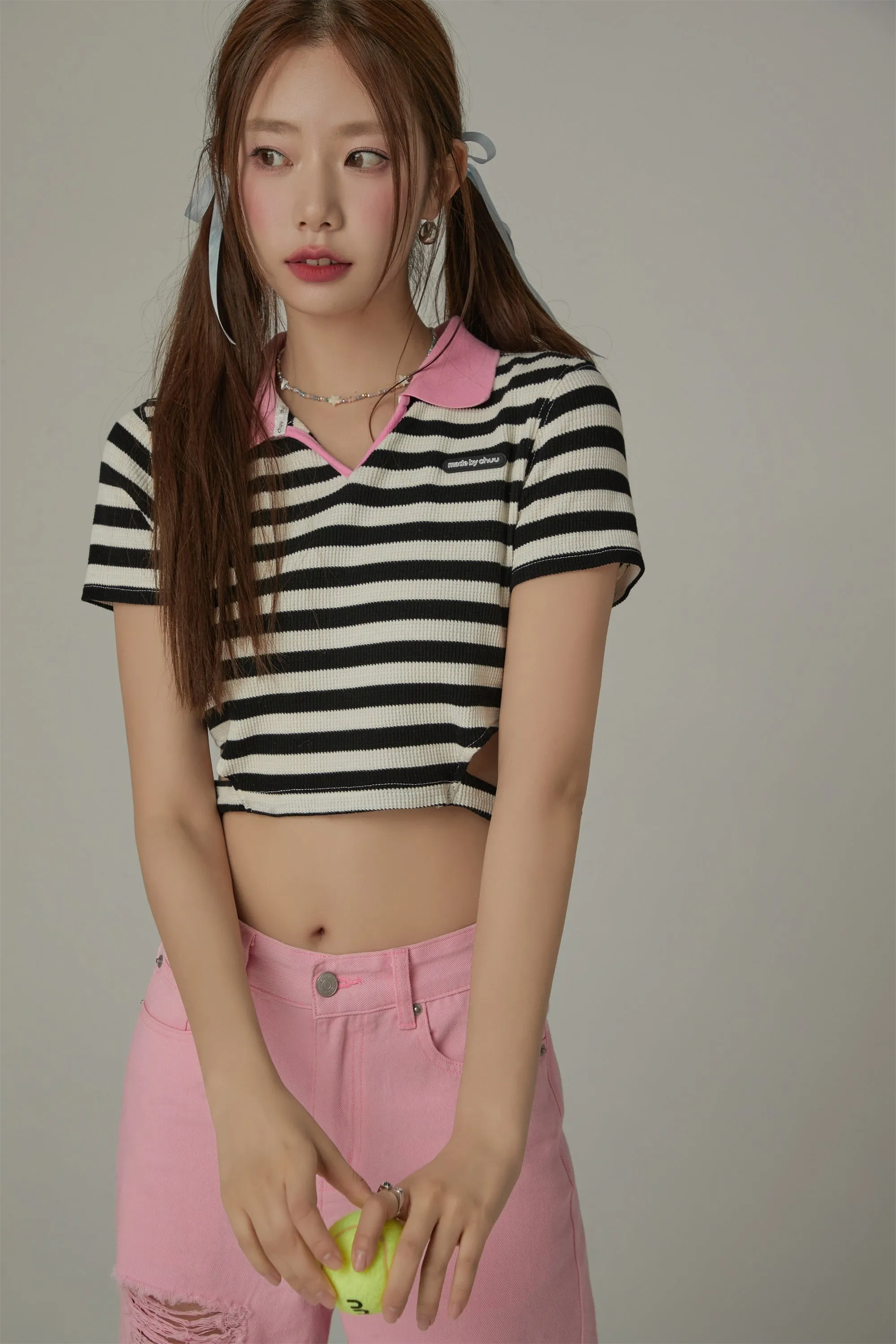 Striped Side Cut Out Cropped T-Shirt