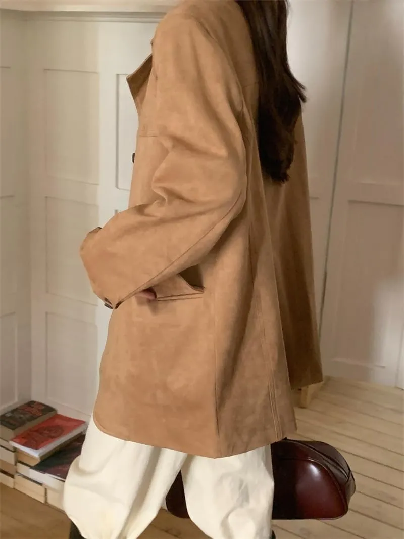 Suede Jacket Y2k Outerwear Brown Faux Leather Jacket Women Fall Fashion 2024 Trendy Old Money Oversized Blazers