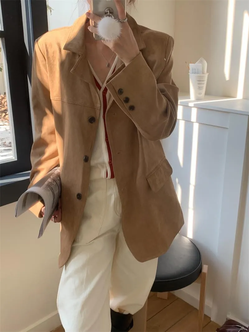 Suede Jacket Y2k Outerwear Brown Faux Leather Jacket Women Fall Fashion 2024 Trendy Old Money Oversized Blazers
