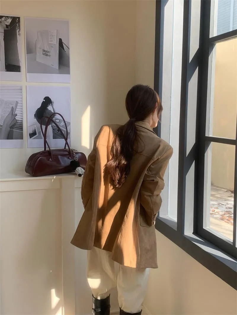 Suede Jacket Y2k Outerwear Brown Faux Leather Jacket Women Fall Fashion 2024 Trendy Old Money Oversized Blazers