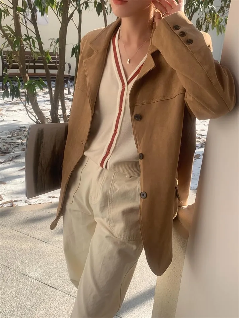 Suede Jacket Y2k Outerwear Brown Faux Leather Jacket Women Fall Fashion 2024 Trendy Old Money Oversized Blazers