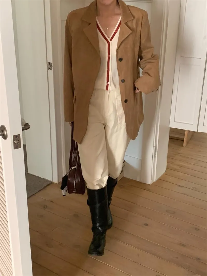 Suede Jacket Y2k Outerwear Brown Faux Leather Jacket Women Fall Fashion 2024 Trendy Old Money Oversized Blazers