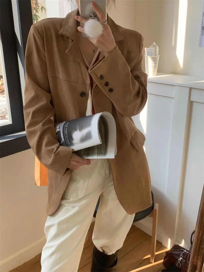 Suede Jacket Y2k Outerwear Brown Faux Leather Jacket Women Fall Fashion 2024 Trendy Old Money Oversized Blazers