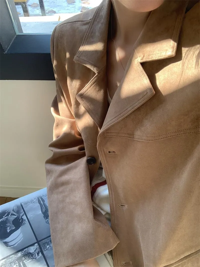 Suede Jacket Y2k Outerwear Brown Faux Leather Jacket Women Fall Fashion 2024 Trendy Old Money Oversized Blazers