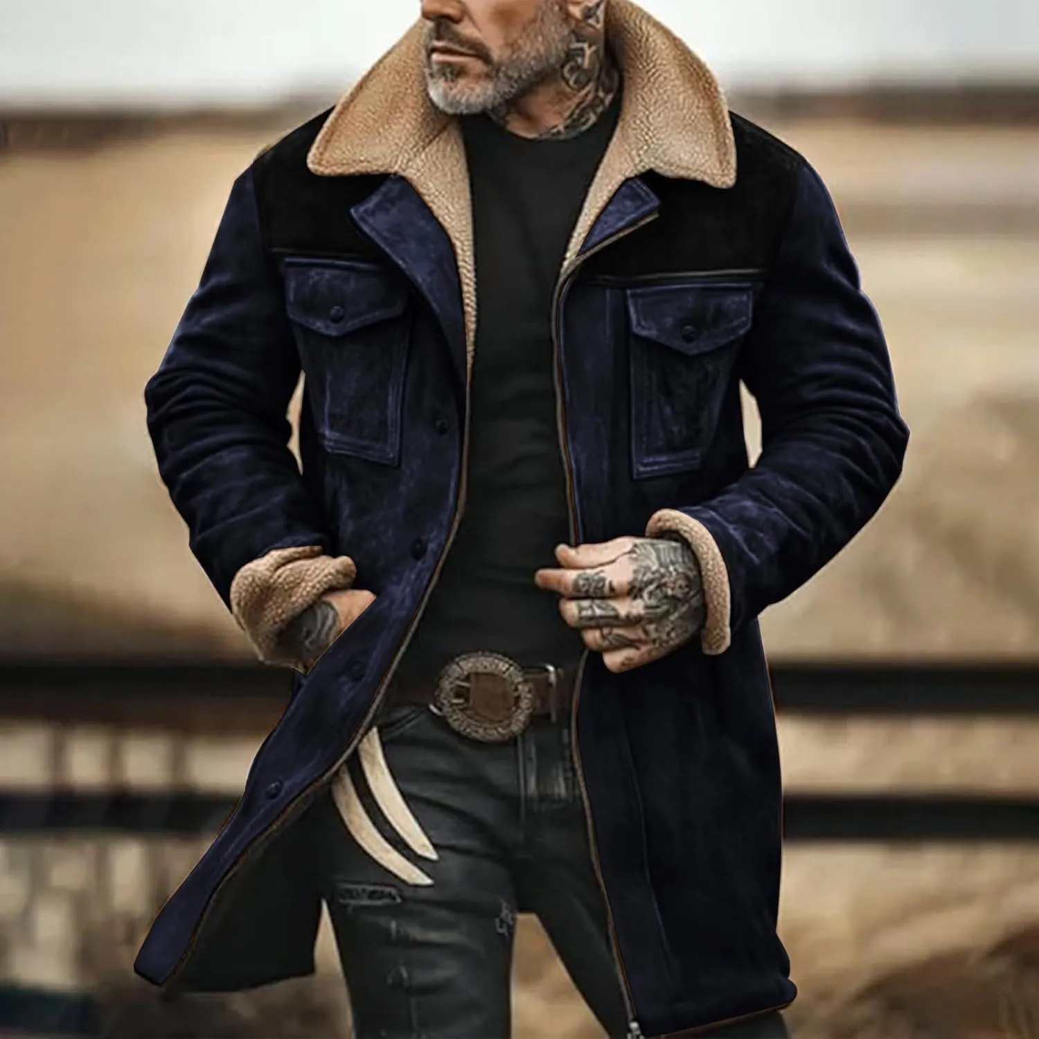 Suede Leather Jacket Men Winter Fur Shearling Duster Coat Retro Faux Leather Fleece Motorcycle Trucker Western Jacket