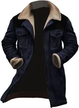 Suede Leather Jacket Men Winter Fur Shearling Duster Coat Retro Faux Leather Fleece Motorcycle Trucker Western Jacket