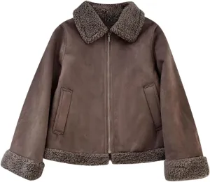 Suede Leather Jacket Women Winter Warm Sherpa Lined Motorcycle Coats Fur Shearling Short Coat Cropped Padded Outwear