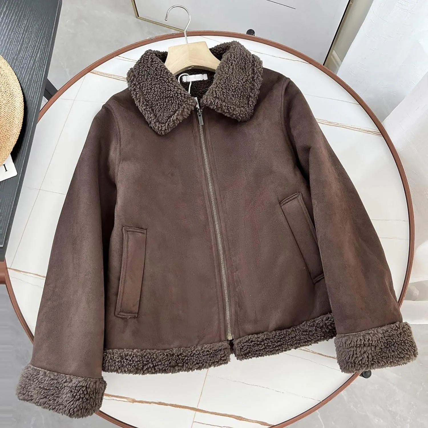 Suede Leather Jacket Women Winter Warm Sherpa Lined Motorcycle Coats Fur Shearling Short Coat Cropped Padded Outwear