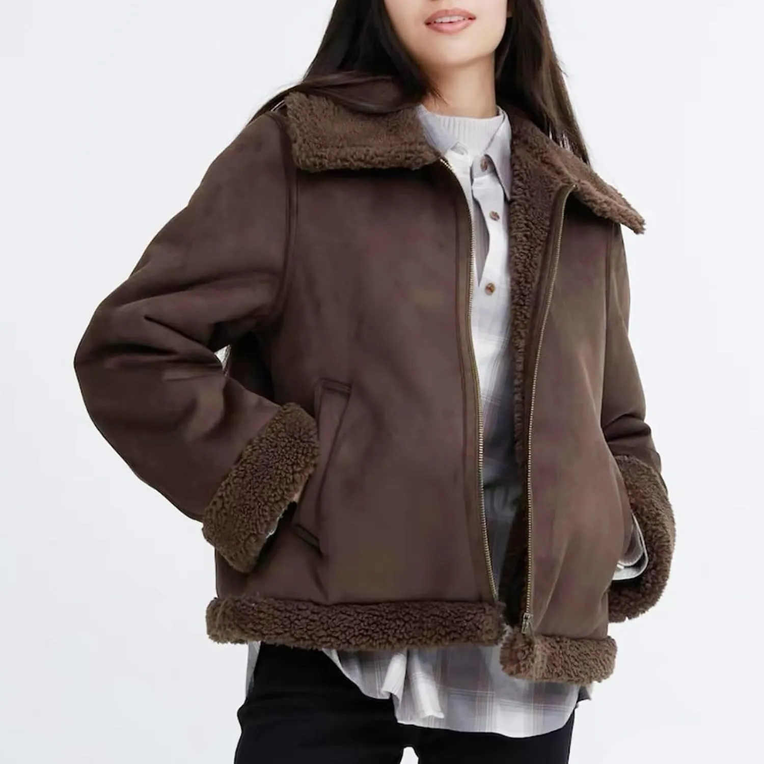 Suede Leather Jacket Women Winter Warm Sherpa Lined Motorcycle Coats Fur Shearling Short Coat Cropped Padded Outwear