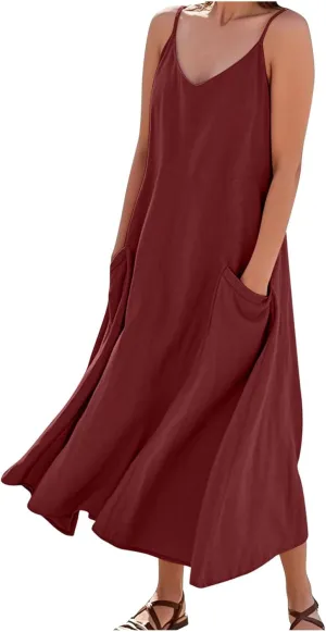 Summer Dresses for Women 2025 Spring Plus Size Linen Maxi Dress Sleeveless Crewneck Sundress Outfits Clothes