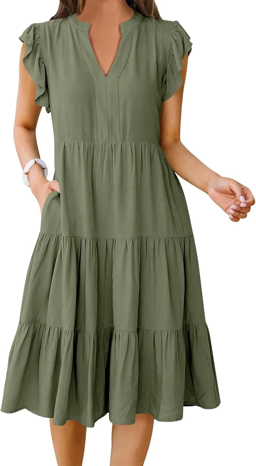 Summer Dresses for Women Ruffle Sleeve V Neck Midi Dresses Casual Fit Flowy Tiered Boho Beach Sundress with Pocket