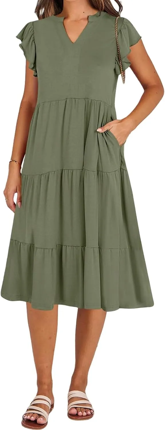 Summer Dresses for Women Ruffle Sleeve V Neck Midi Dresses Casual Fit Flowy Tiered Boho Beach Sundress with Pocket