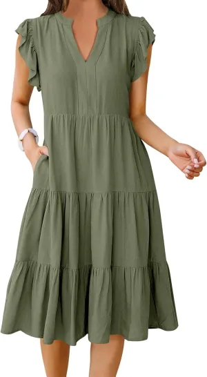Summer Dresses for Women Ruffle Sleeve V Neck Midi Dresses Casual Fit Flowy Tiered Boho Beach Sundress with Pocket