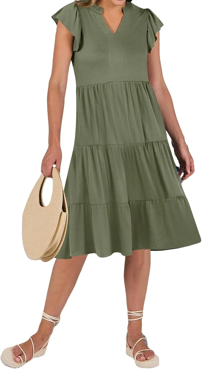 Summer Dresses for Women Ruffle Sleeve V Neck Midi Dresses Casual Fit Flowy Tiered Boho Beach Sundress with Pocket