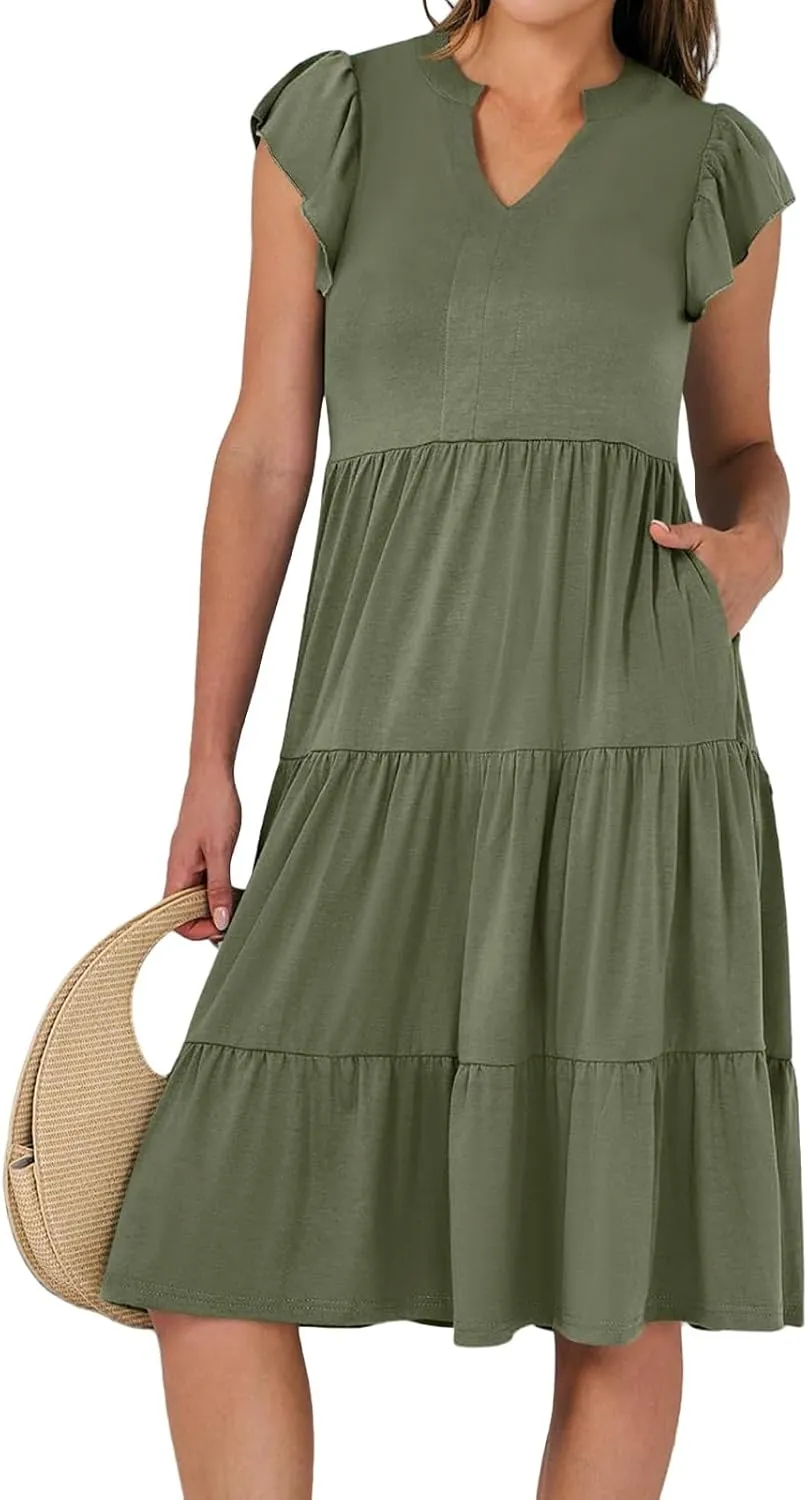 Summer Dresses for Women Ruffle Sleeve V Neck Midi Dresses Casual Fit Flowy Tiered Boho Beach Sundress with Pocket