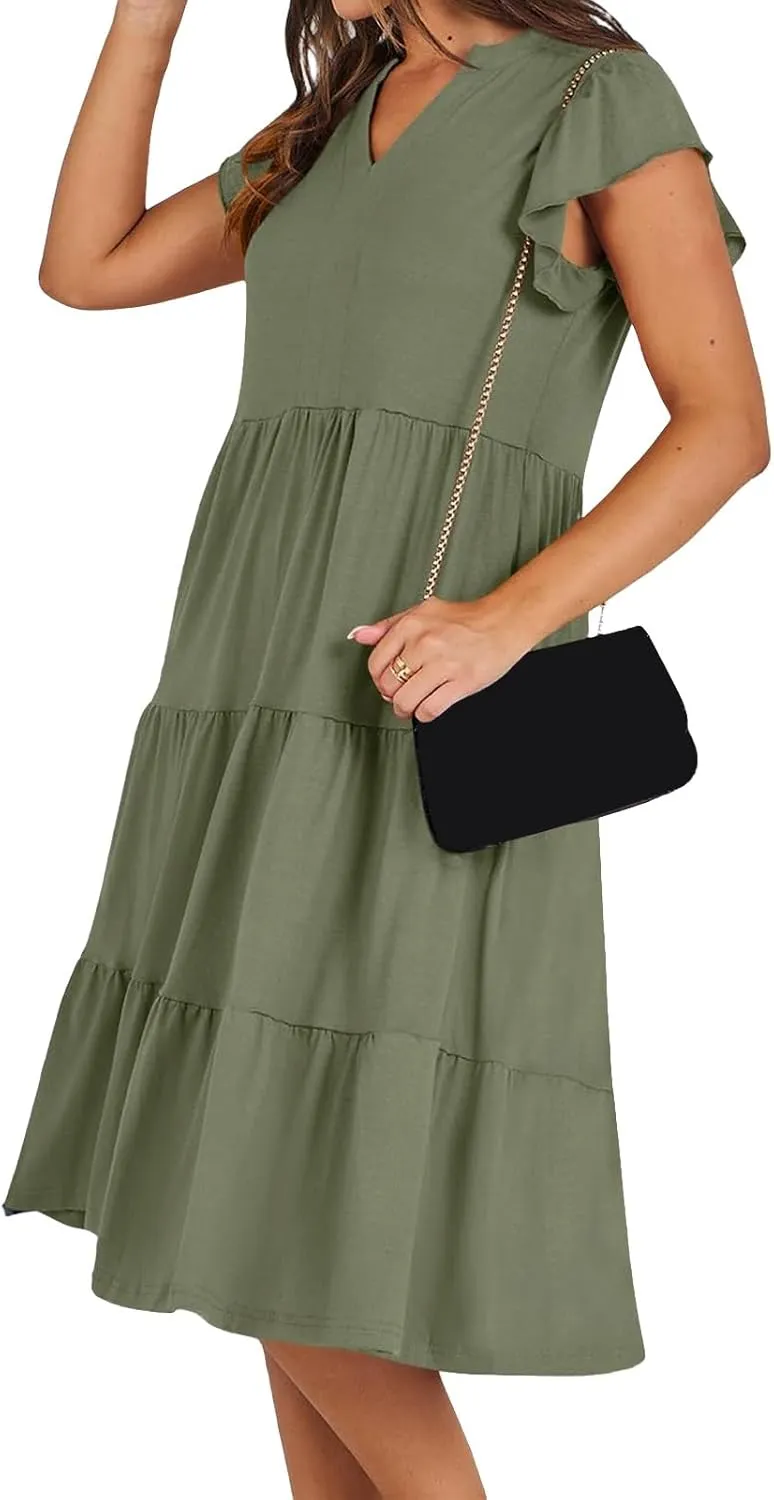 Summer Dresses for Women Ruffle Sleeve V Neck Midi Dresses Casual Fit Flowy Tiered Boho Beach Sundress with Pocket