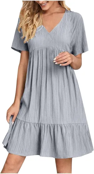Sun Dresses for Women 2025 Vacation Summer Casual Short Sleeve V Neck Flowy Swing Dress Pleated Ruffle Beach Sundress