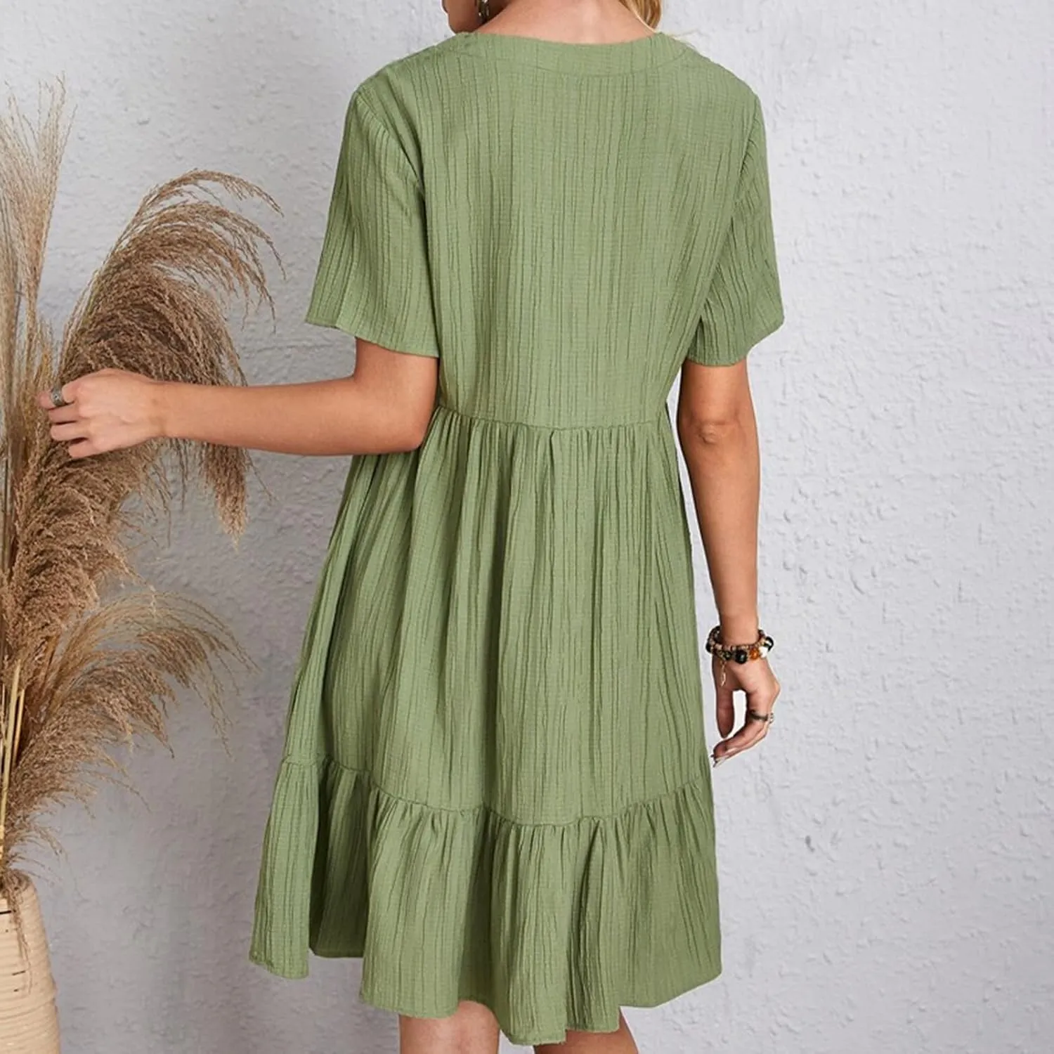 Sun Dresses for Women 2025 Vacation Summer Casual Short Sleeve V Neck Flowy Swing Dress Pleated Ruffle Beach Sundress