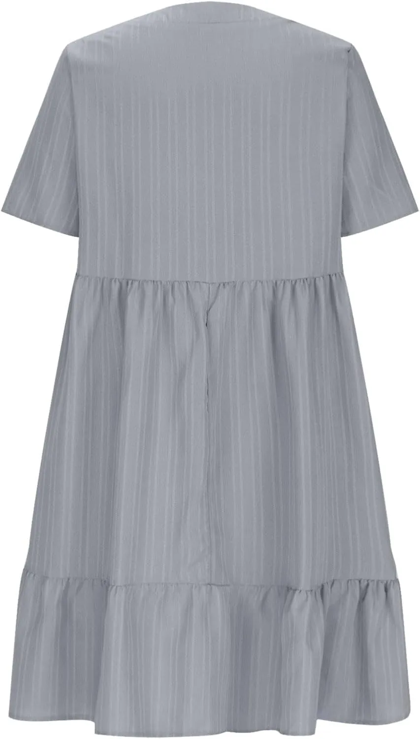 Sun Dresses for Women 2025 Vacation Summer Casual Short Sleeve V Neck Flowy Swing Dress Pleated Ruffle Beach Sundress