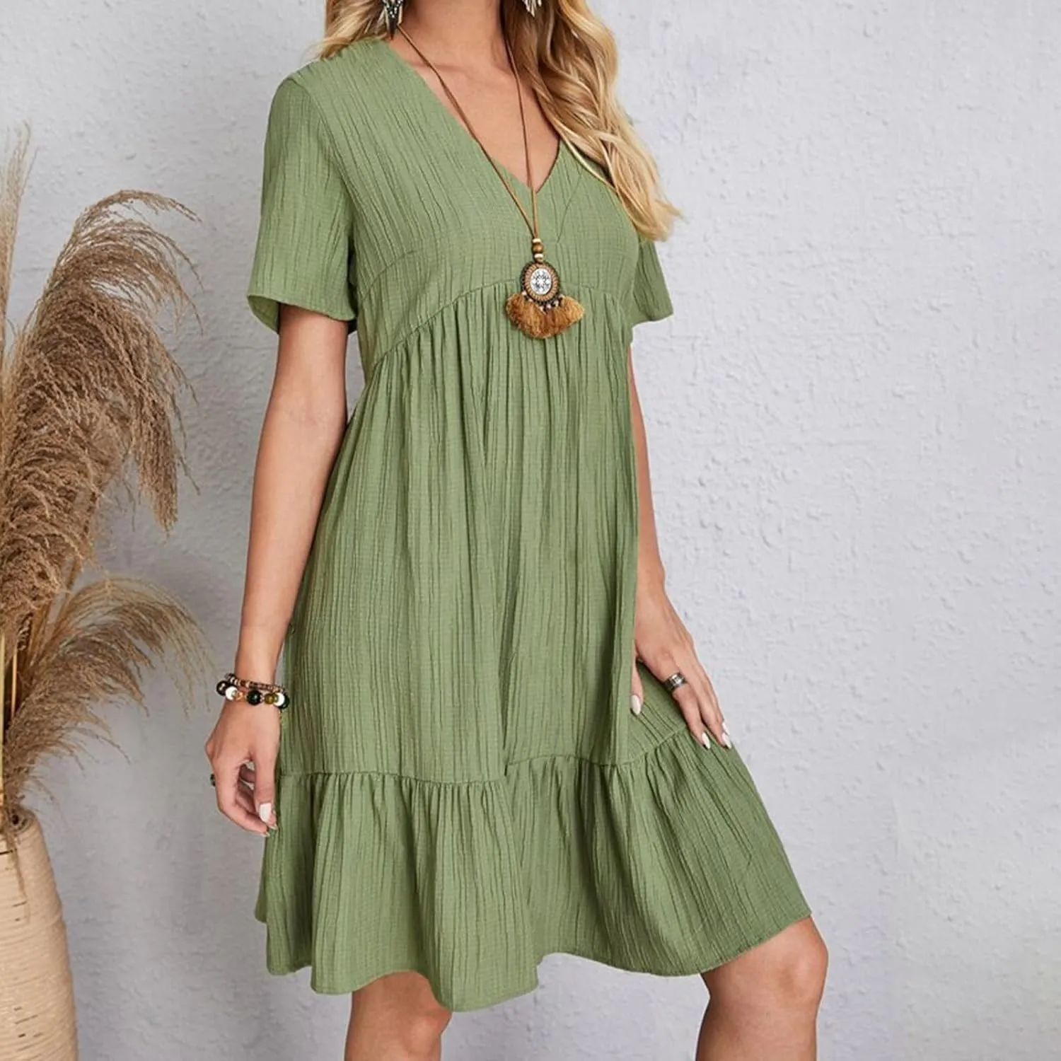 Sun Dresses for Women 2025 Vacation Summer Casual Short Sleeve V Neck Flowy Swing Dress Pleated Ruffle Beach Sundress