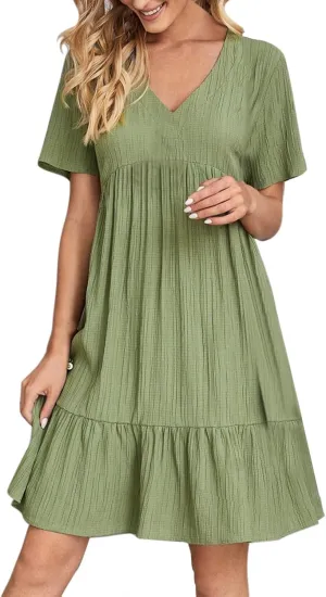 Sun Dresses for Women 2025 Vacation Summer Casual Short Sleeve V Neck Flowy Swing Dress Pleated Ruffle Beach Sundress