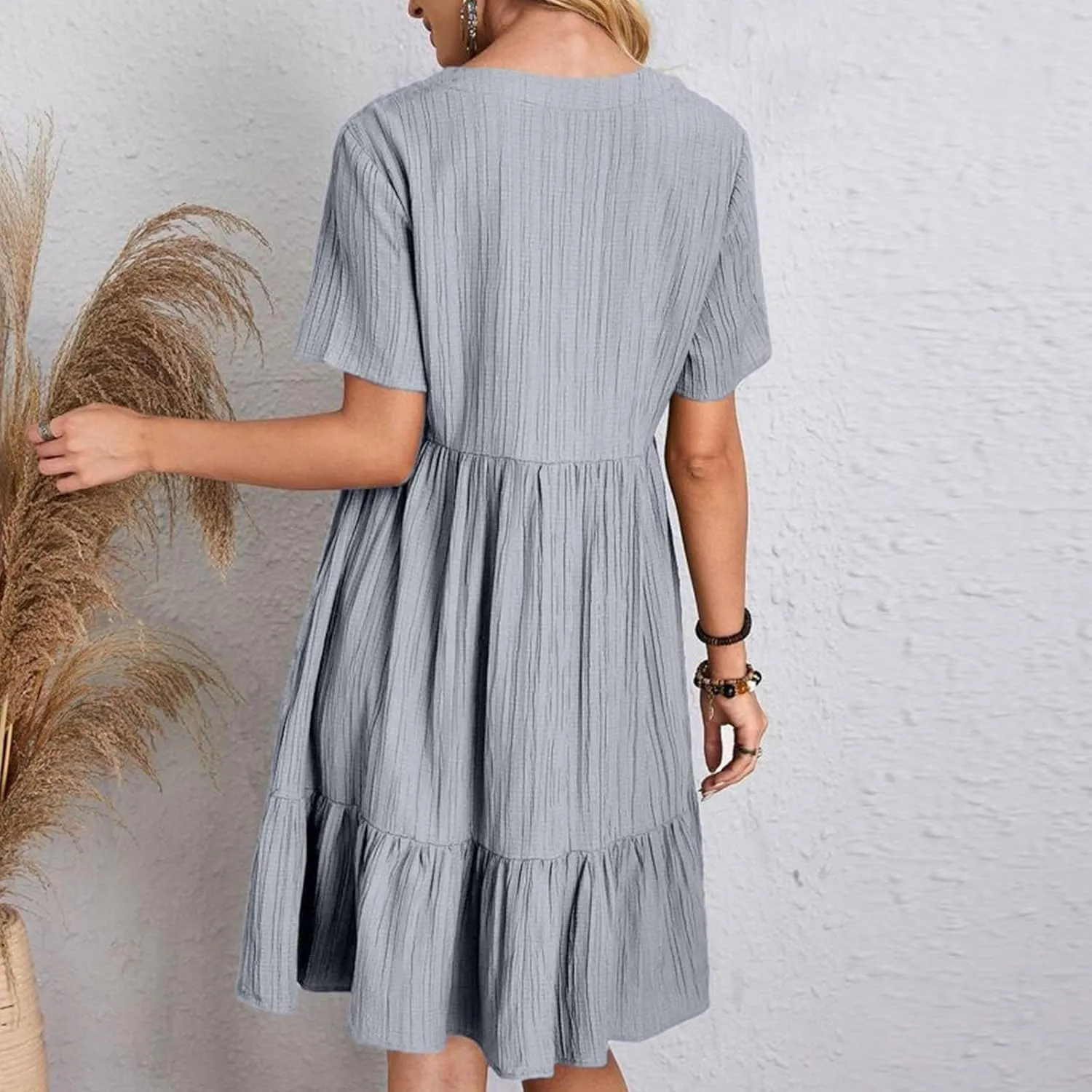 Sun Dresses for Women 2025 Vacation Summer Casual Short Sleeve V Neck Flowy Swing Dress Pleated Ruffle Beach Sundress